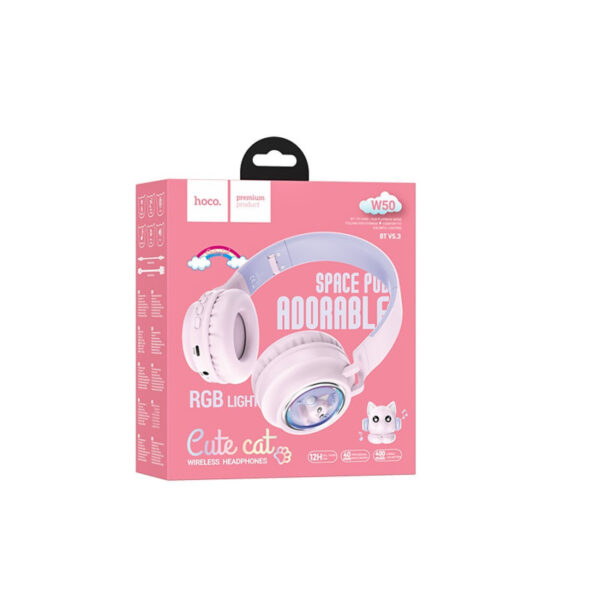 Гарнитура Bluetooth Hoco W50 Cute fun, RGB (полноразм., microSD) розовая 3