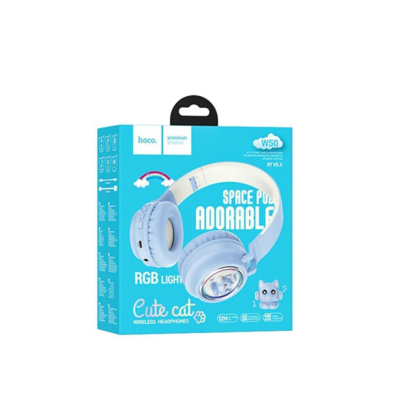 Гарнитура Bluetooth Hoco W50 Cute fun, RGB (полноразм., microSD) голубая 3