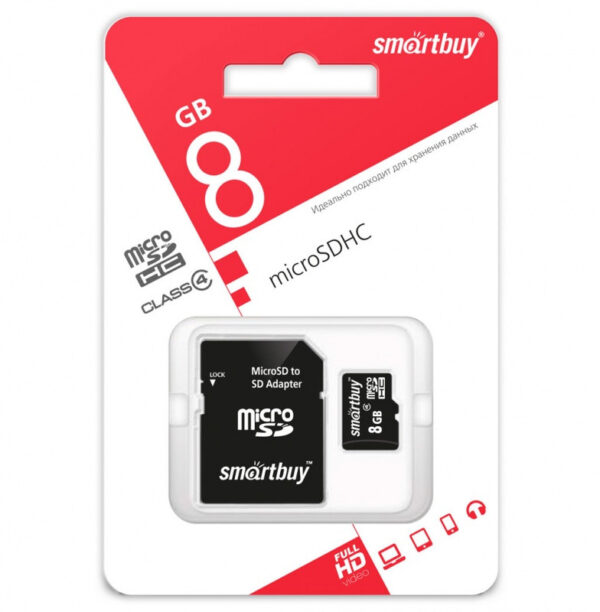 Карта памяти microSDHC SmartBuy 8Gb Class 4 с адаптером 1