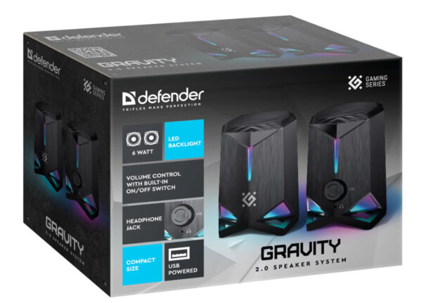 Колонки Defender 2.0 Gravity, 6Вт, USB, LED подсвет., черные 65048 3