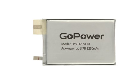 Аккумулятор GoPower li-pol 3.7V 1250mAh LP503759UN (50*37*5,9) без защиты 1/10