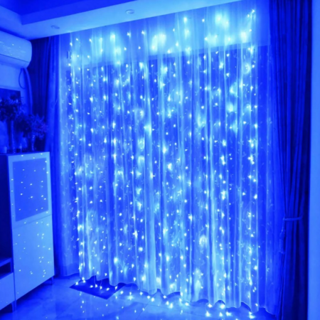 Штора 480LED синяя, 3х2,5м прозр. шнур, 8 реж.