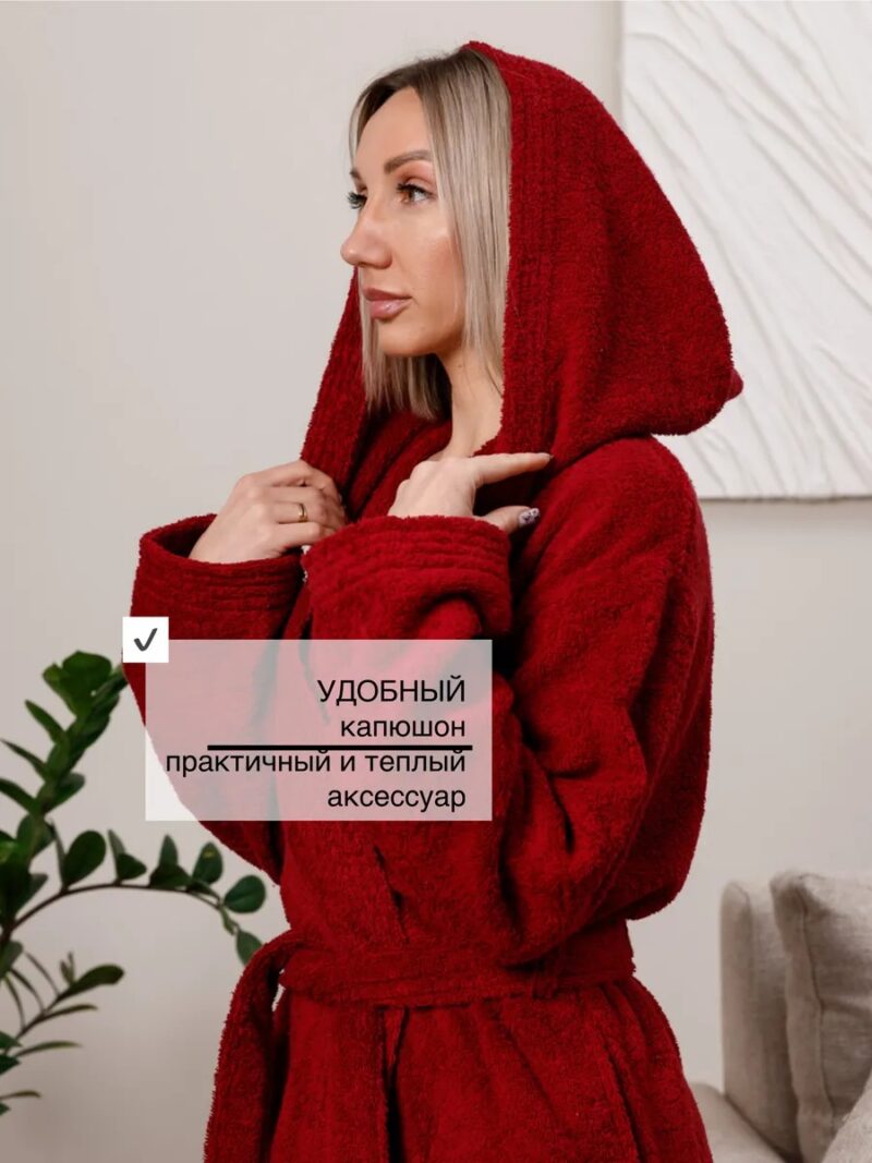 Халат махровый детский Бордовый, размер: 32, с капюшоном — изображение 3