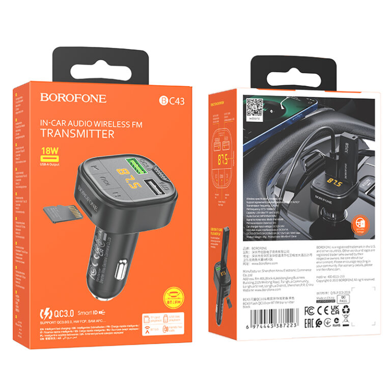 FM модулятор (трансмиттер) Borofone BC43 bluetooth, 3,1A 2USB 18W QC 3.0, цвет черный