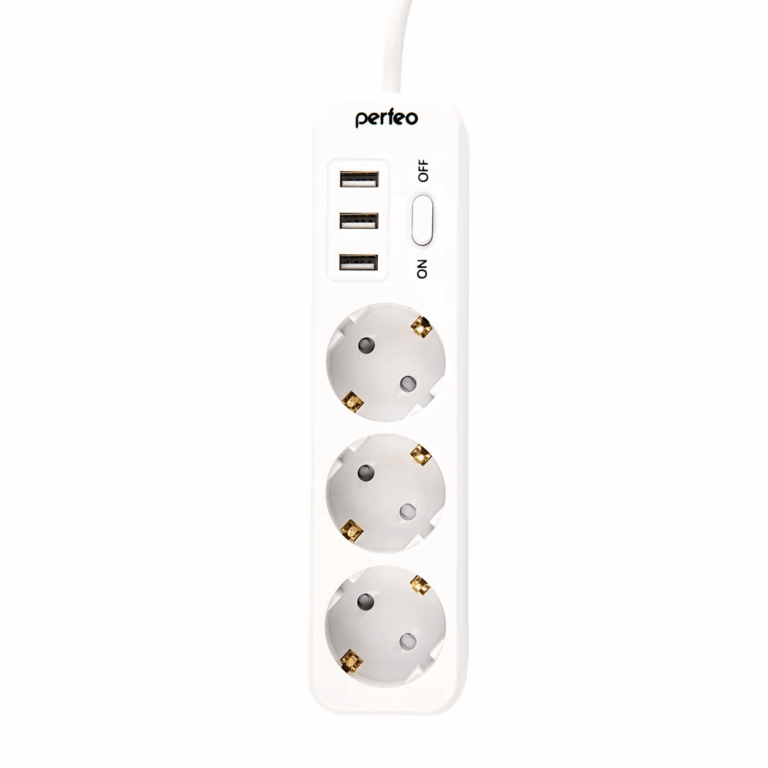 Сетевой фильтр Perfeo "POWER STREAM", 2500W, двойная защита, 2м, 3 розетки, 3 USB, белый.