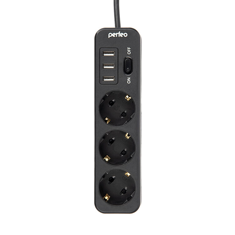 Сетевой фильтр Perfeo "POWER STREAM", 2500W, двойная защита, 2м, 3 розетки, 3 USB, черный.